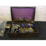 A mahogany writing box, various coins, medals, cutlery, etc.