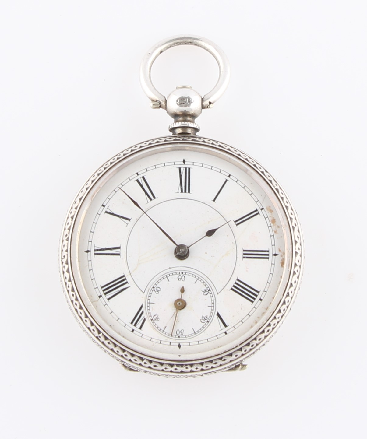 A Victorian silver fob watch, the white enamel dial having hourly Roman numeral markers with