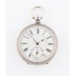 A Victorian silver fob watch, the white enamel dial having hourly Roman numeral markers with
