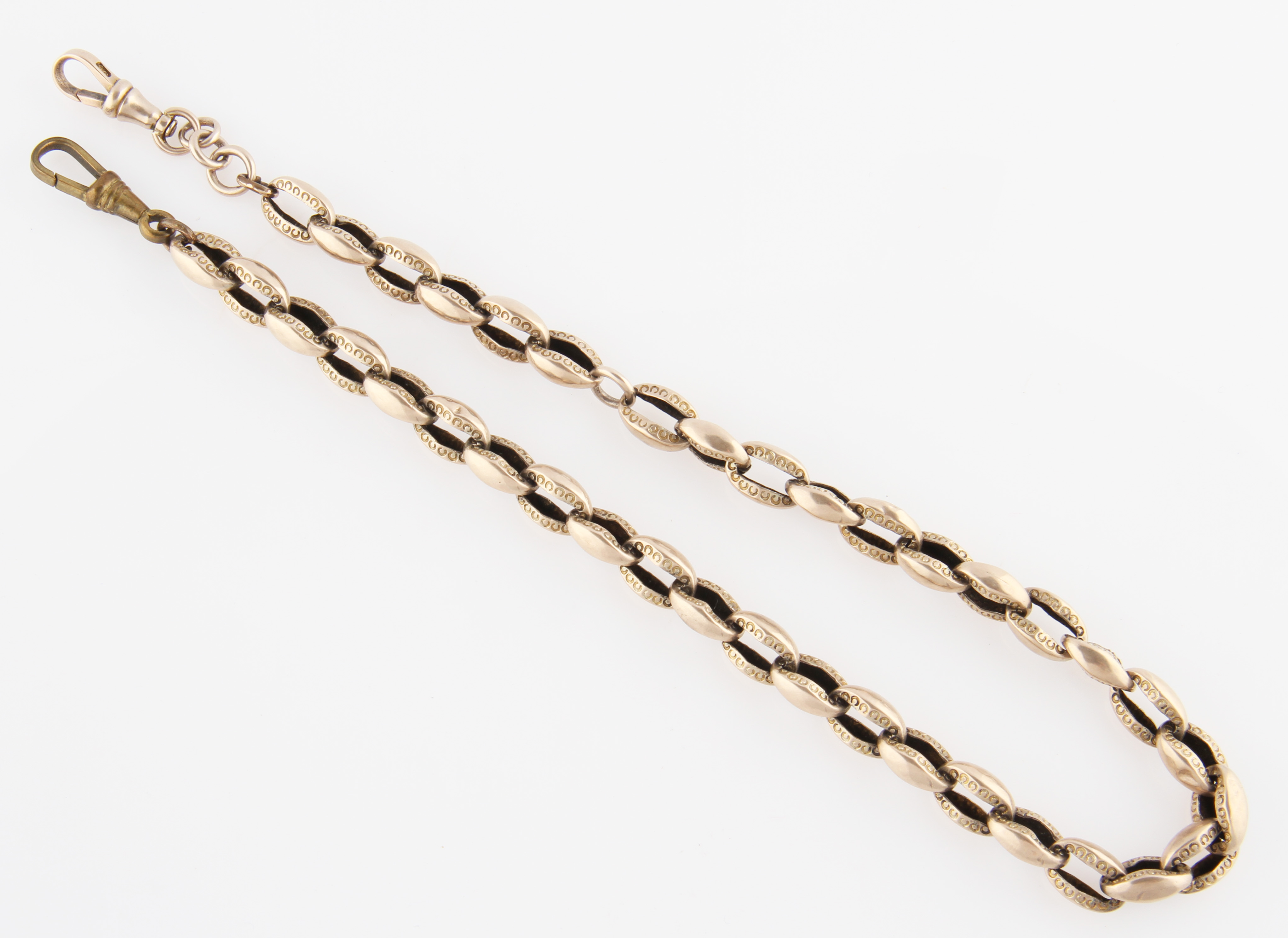 A belcher link watch chain, each link featuring repeat crescent design, with lobster clasps.