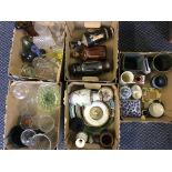 Five cartons containing vases, wall plates, glassware, a monk shaped decanter etc.