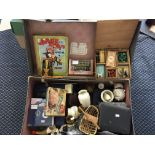 A selection of various items to include coins, crested ware, monopoly sets, glass dressing tables