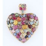 A 9ct yellow gold sapphire and diamond heart design pendant, set with variously sized, cut and