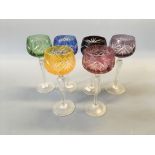 A set of six coloured cut glass hock glasses.