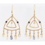 A pair of triangular design gemstone drop earrings, set in unmarked yellow metal.