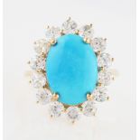 A turquoise and zircon cluster ring, hallmarked Sheffield, ring size V.