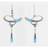 A pair of Scandinavian style enamel earrings, the loop and drop design featuring graduated blue