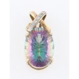 A 9ct yellow gold mystic quartz and diamond pendant, set with an oval coated quartz, measuring