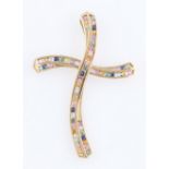 A 9ct yellow gold sapphire cross design pendant, set with variously coloured round cut sapphires