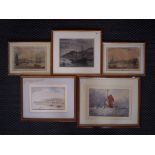 Five framed maritime images. One attributed to S. P. JACKSON, unsigned, watercolour boating scene of