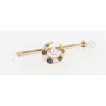 A sapphire, diamond and pearl crescent bar brooch, the central crescent set with alternating