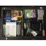 Two boxes of various camera accessories, a radio and various other electrical appliances.