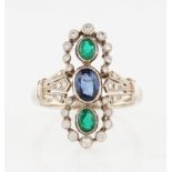 An early 20th Century style sapphire, emerald and diamond ring, the open metalwork design