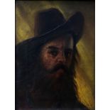 Framed, unsigned, oil on canvas, portrait of an American cowboy, 19cm x 14cm.