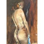A pair of indistinctly signed framed oil on board studies depicting nude females, 23cm x 32.5cm.