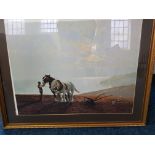 A framed gilt print of farmed ploughing field with horses.