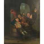 Unframed, unsigned, oil on canvas, late seventeenth century Dutch style scene of figures drinking in