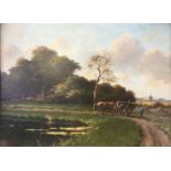 Framed, unsigned, oil on board, Dutch landscape with figure and horse and cart collecting peat, 28.