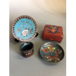 Four items of cloisonne ware, including trinket box dragon design on lid 9.5cm x 7.8cm, oval pot