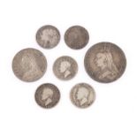 A collection of coins, to include three George IV shillings, two Victoria shillings, a Victoria