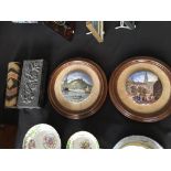 Two mahogany framed pot lids with two boxes.