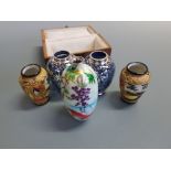 A small cloisonne vase on silver base, decorated with fish, flowers in box, and two pairs of small