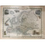 Four framed etchings with coloured highlights of maps: two by J. Rapkin of Europe and The World; one