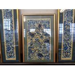Three framed silk panels from a Kimono, flowers, butterflies, and a framed Japanese embroidery of