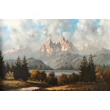 R. JENNET. Framed, signed, oil on canvas, mountainous landscape, 60.2cm x 90.4cm.