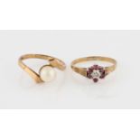 A hallmarked 9ct yellow gold ruby and diamond flower design ring, together with a hallmarked 9ct