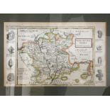 Four framed etchings with watercolour highlights of maps of counties in the United Kingdom: one by