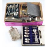 A collection of silverware and plated ware, to include a Victorian silver hip flask, hallmarked