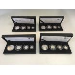 The Royal Mint Britannia 2008, 2009, 2010 and 2011 four-coin silver proof sets, sixteen coins in