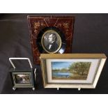 Three framed miniature paintings, one portrait of a gentleman, and two oil on board landscapes,