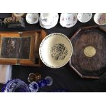 An Edge Malkin & Co. oriental design bowl, a brass decorated wooden tray, and a writing slope with