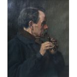Gilt framed, unglazed oil on canvas depicting portrait of a gentleman playing flute, label verso