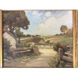 ROBERT JONES R.A (fl. 1906-40). Framed, signed, oil on canvas, English rural scene with cottages,