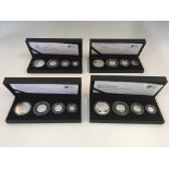 The Royal Mint Britannia 2008, 2009, 2010 and 2011 four-coin silver proof sets, sixteen coins in