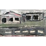 SHEILA BENSON. Framed, signed with initials, oil on canvas, houses by a road, titled on label