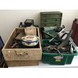 Various tools, small chest, tins etc