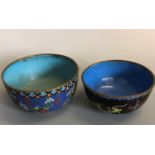 A circular blue ground cloisonne bowl with dragon decoration, 12.3cm high, together with another