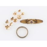 A lot to include a Victorian brooch, stamped 15c, together with a pair of pearl earrings, three