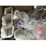 Various glassware, graduated jugs, silver plates etc.