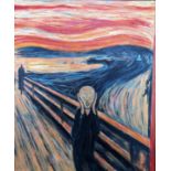 Framed, unglazed, unsigned oil on board, reproduction of the scream, 65cm x 76cm.