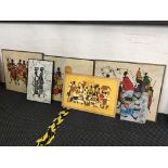 Five framed, signed, ink on linen African figure groups: three by ‘E Sinko’; one by ‘Kiwanuka’;