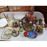 Six Royal Worcester plates, pool pottery jar and lid, mantle clock, toby jugs, figures, horse silver