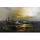 W. WALTER. Framed, signed, oil on canvas, coastal sunset scene with lighthouse, seagulls, and
