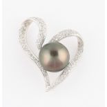 A Tahitian pearl and diamond heart pendant, with a spherical Tahitian pearl, diameter approx.