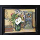 BRIAN OXLEY. Framed, unglazed oil on wood panel, titled label verso ‘Pewter Clock with Flower’, 29cm
