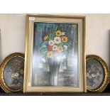 Three framed still life’s of flowers in vases: one signed ‘F. Rega’, pastel and chalk, 46.5cm x